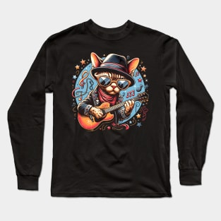 Devon Rex Cat Playing Guitar Long Sleeve T-Shirt